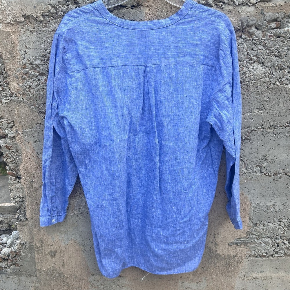 L.L. Bean Cool Blue  100% Linen Tunic Blouse Size L Washable Boho Beach Resort - Picture 10 of 10